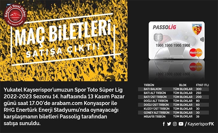 Kayserispor - Konyaspor Maçı Biletleri Satışa Çıktı